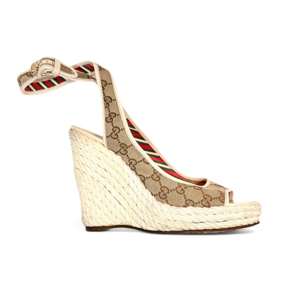 Gucci Beige GG Canvas Peep Toe Espadrille Wedge Sandals Size 9.5B